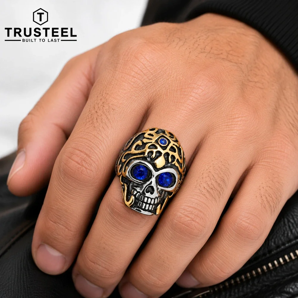 Men’s Skull Ring Blue CZ Eyes Gold 316L Stainless Steel Gothic Biker Size 13